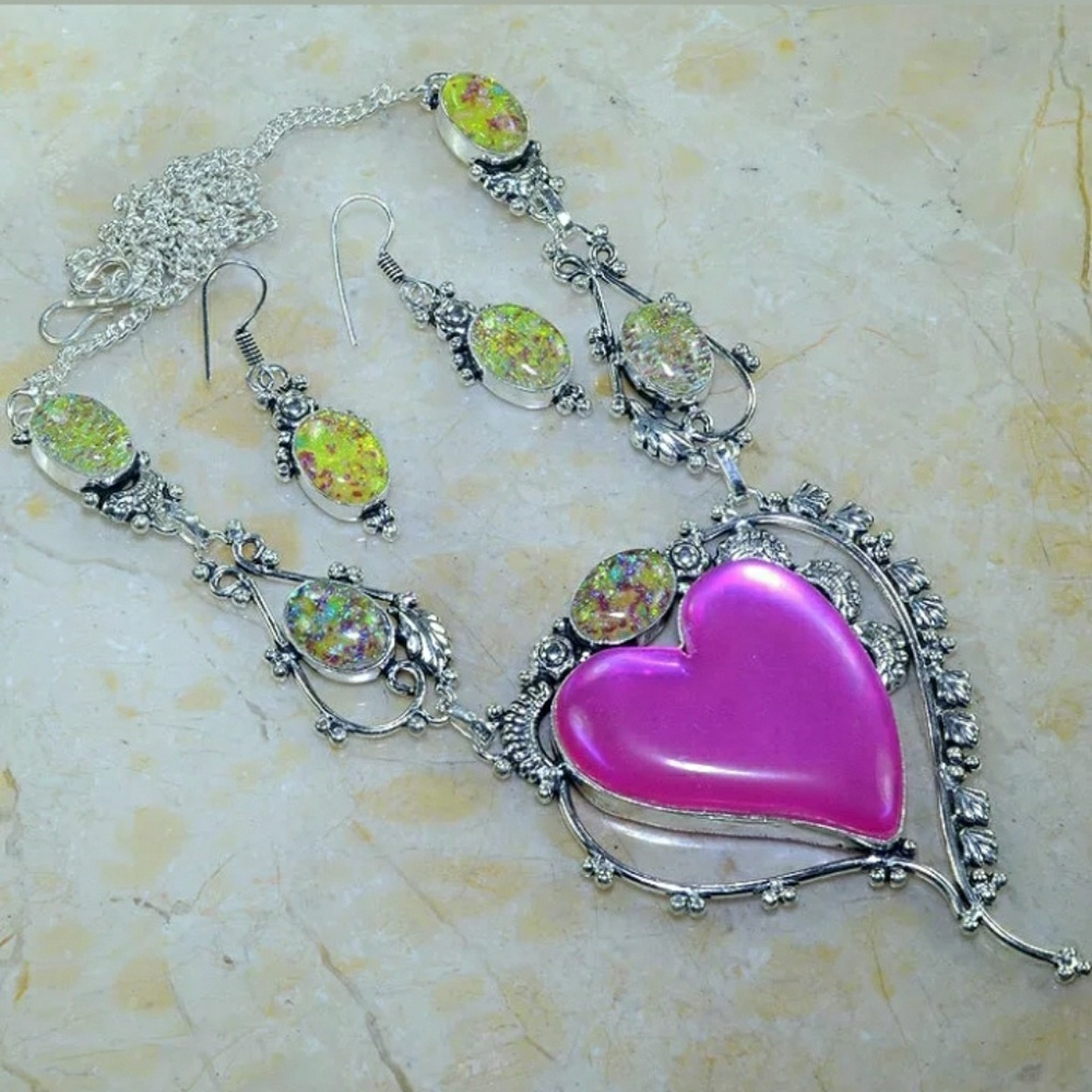 New Rainbow Topaz and Dichroic Glass 925 Silver Necklace & Earrings Set.